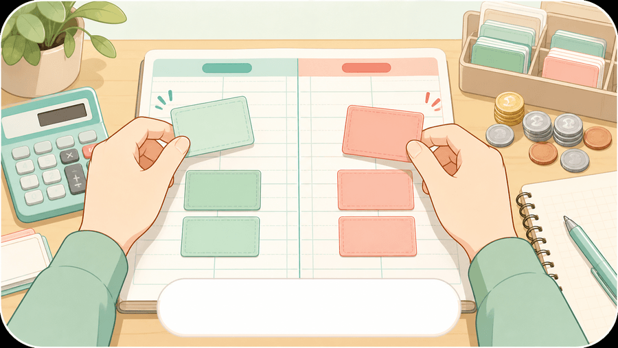 仕訳カードを左右に分けて練習するイラスト
